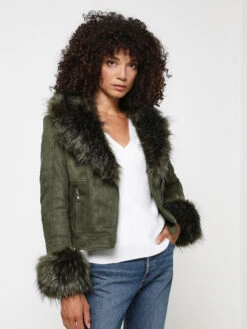 Molly Bracken Veste Perfecto En Suédine, Col Fourrure Amovible - Vert Kaki