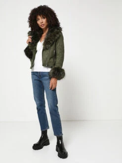 Molly Bracken Veste Perfecto En Suédine, Col Fourrure Amovible - Vert Kaki -castorama shop 001005288 001 V3 T4