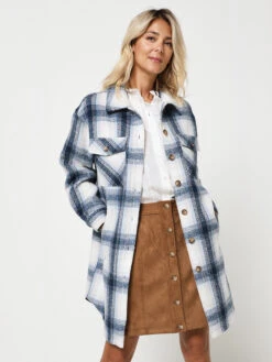 Veste Longue À Carreaux Style Surchemise - Bleu Marine