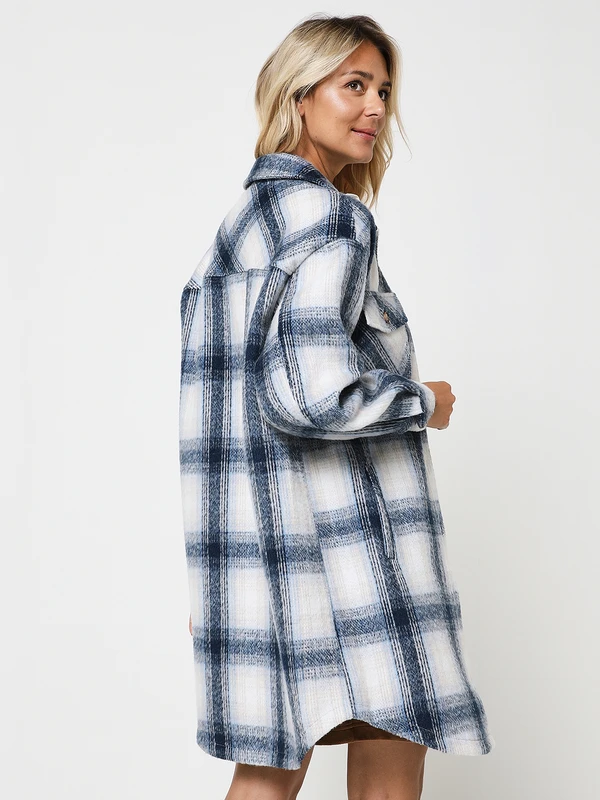 Veste Longue À Carreaux Style Surchemise - Bleu Marine 4 Veste Longue À Carreaux Style Surchemise - Bleu Marine – Image 2