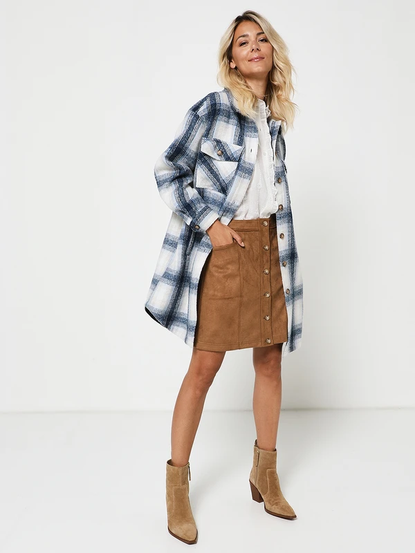 Veste Longue À Carreaux Style Surchemise - Bleu Marine 5 Veste Longue À Carreaux Style Surchemise - Bleu Marine – Image 3