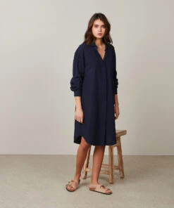 Hartford Robe Roupie En Seersucker Bleu Marine