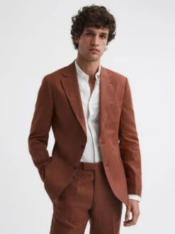 Reiss Tobacco Kin Slim Fit Single Breasted Linen Blazer
