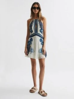 Reiss Blue Brianna Printed Halter Neck Mini Dress -castorama shop U12 783s3