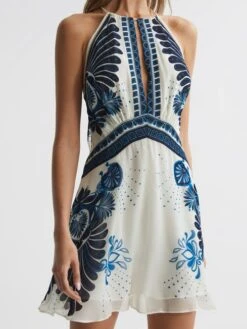 Reiss Blue Brianna Printed Halter Neck Mini Dress -castorama shop U12 783s4